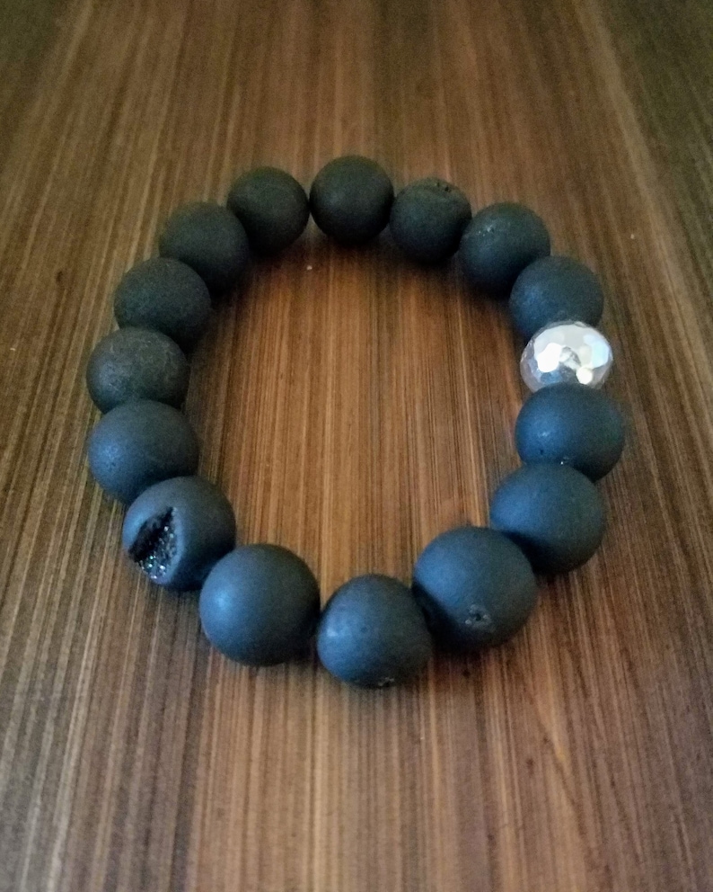 Stretch Bracelet with Druzy Matte Black Agate and Silver