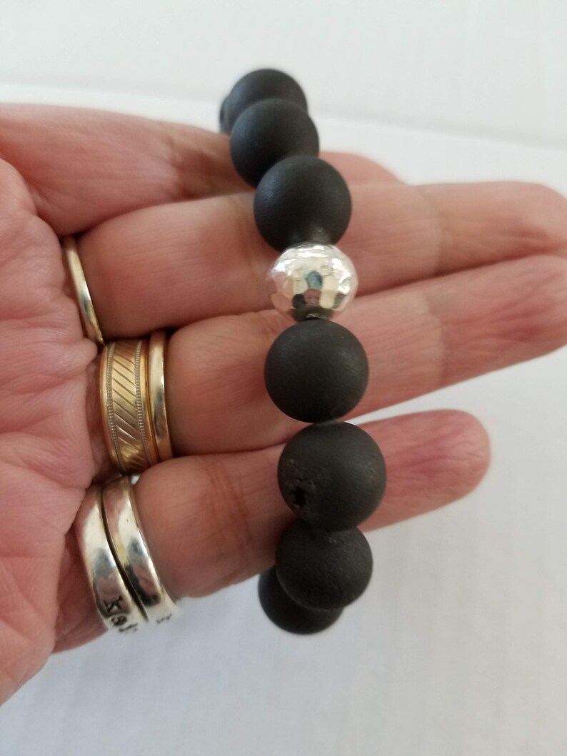 Stretch Bracelet with Druzy Matte Black Agate and Silver