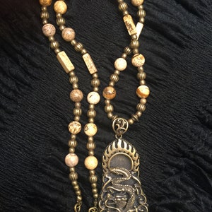 Beautiful Brown w Tan Natural Stone Necklace w Ornate Chinese Dragon Pendant. 24" Long. Unisex Necklace.