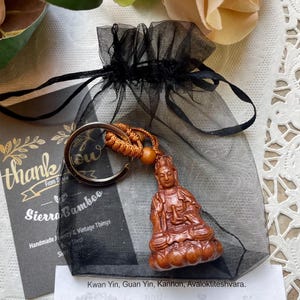 Nicely Carved Wood Kwan Yin Key Chain. Lovely, Serene Expression. Inexpensive Unisex Gift in Gift Bag
