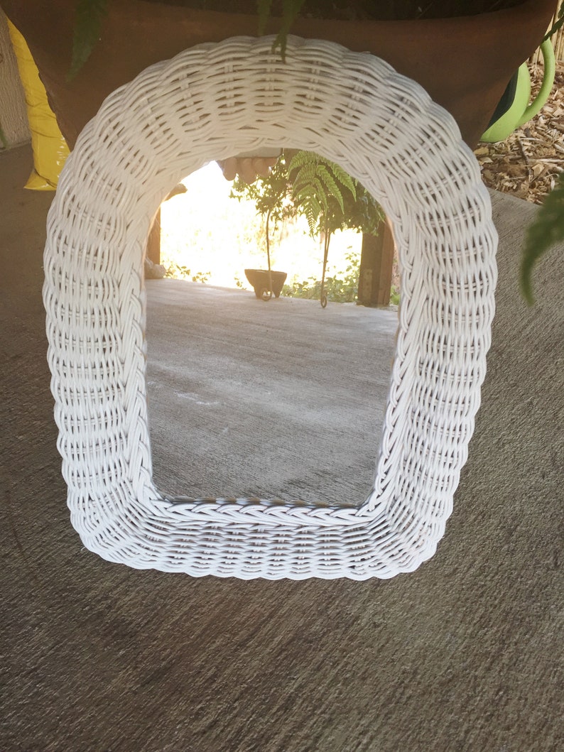Vintage White Wicker Arched Wall Mirror. SHABBY CHIC.Very Good Etsy