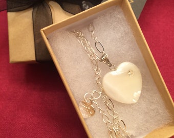 Pretty White Abalone Shell & Rhinestone Heart Necklace on Silver chain. Bridesmaid, Wedding. Friend /Sister Gift.