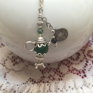 Green Jade Teapot Tea Bag Holder or Infuser w Chinese Coin & crystal Charms. Great Gift Idea For Tea Drinkers. Gift Bagged.