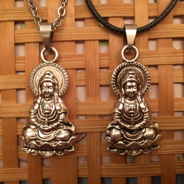 Simple Kwan Yin Pendant Necklace. Love, Compassion, Buddhism. Buddha Jewelry. Men,Women. Black Cotton Cord or Stainless Steel Chain.