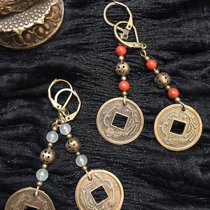 Chinese Style  2 1/2&quot;  Long Dangle Earrings w/Natural Stones & Chinese Coin Drop. BOHO, HIPPIE.