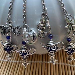 Lovely Cute Cobalt Blue Teapot Tea Bag Clips or Stainless Steel Infusers w/Charms. Dragonfly, Fairy, Mermaid, Cup & Saucer. Gift Bagged