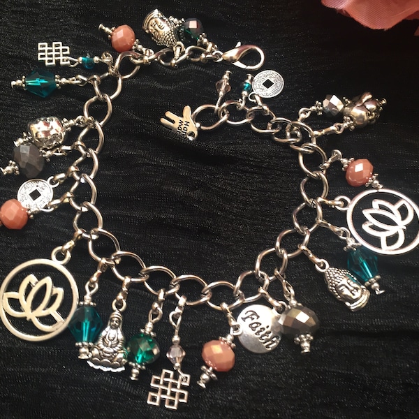 Buddha/Kwan Yin Charm Bracelet. Unique Buddhist Jewelry. Buddha, Kwan Yin, Chinese Dragon Coin, Infinity Knot. BoHo, Hippie, Zen, Gypsy.