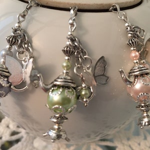 Beautiful Elegant Glass Pearl Teapot Tea Bag Clip or Mesh Infuser Tea Ball w/Butterfly Charm. Great Gift for Tea Lovers. Gift Bag Included.