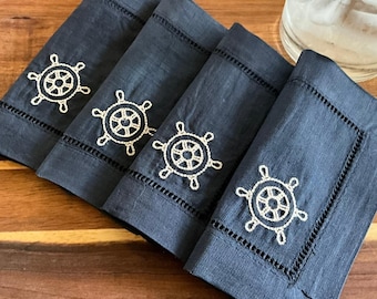 Embroidered Napkins Set of 4, Nautical Helm Cocktail Napkins, Hemstitch Linen Napkins, Coastal Bar Cart Decor, Hostess Gift