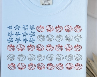 Coastal American Flag Embroidery Design, Starfish Shell Beach USA (Digital File)