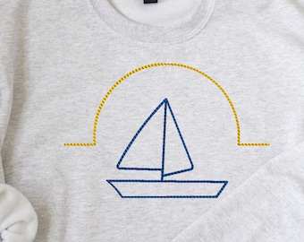 Minimal Segelboot Stickerei, Segelboot Sonnenuntergang Küstenlinie Kunst, Nautische Maschinenstickdatei, sofortiger Download