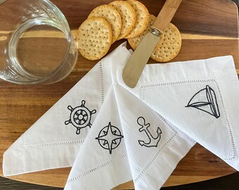 Embroidered Nautical Cocktail Napkins, Set of 4 White Linen Hemstitch Bar Cart Decor