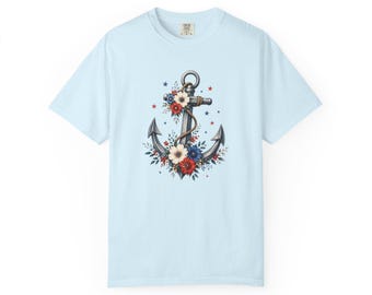 Patriotic Floral Anchor Shirt, Coastal 4th of July Tee, Nautical Comfort Colors Shirt, Summer Beach Gift
