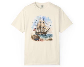 Historisches Großsegler-Shirt, Vaterländisches nautisches T-Shirt, Küsten Americana Komfort-Farben-Shirt, Geschenk für Boots-Liebhaber