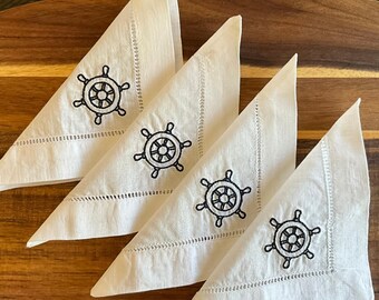 Embroidered Napkins Set of 4, Nautical Helm Cocktail Napkins, Hemstitch Linen Napkins, Coastal Bar Cart Decor, Hostess Gift
