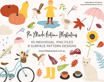 Fall clip art graphics | Autumn clipart illustrations | Fall leaf Surface Patterns | Clipart set with bike, cat, bird and pumpkin