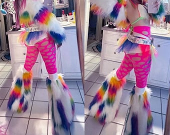 Fluffy furry leg warmers neon patchwork multi colour fur lots of colours rave punk goth cozy plur fluffies rave gogo