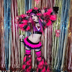 Funki-B Unique faux fur wetlook clubwear hoody cat shrug fishnet frilly plur skirt bikini rave camo fur fluffies dancewear festival kitty