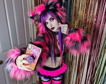 Funki-B cheshire cat faux fluffy fur hoody shrug halloween fancy dress up neon rave clubwear goth punk ears hood lots of colours