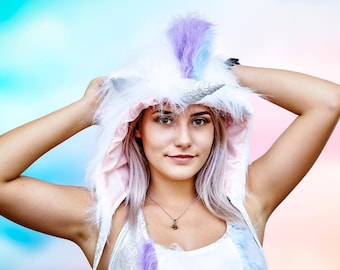 Funki-B faux fur fluffy unicorn animal ears hood with poms dress up lined sparkle horn fancy dress fantasy accessory