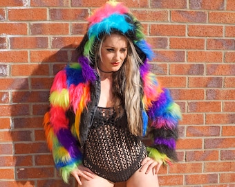 Funki-B faux fur fluffy cozy jacket hoody zip up crop top patchwork coat wetlook lycra rave cyber dress up costume lot of colours