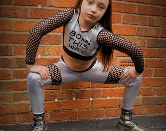 Funki-B childrens dancwear street storm hip hop metallic silver fishnet lady gaga style shine dance leggings crop top printed branded