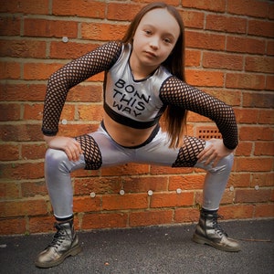 Funki-B kinderen dancwear straat storm hip hop metallic zilveren visnet lady gaga stijl shine dance leggings crop top gedrukt merk