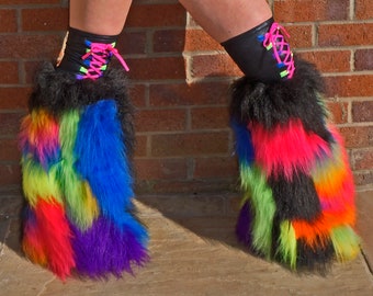 Bright Neon Camo patchwork fluffies leg warmers faux fur long pile fluffy boots plur rave clubwear goth punk rave laced cyber