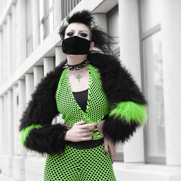 Fluffy furry shrug jacket coat neon plain faux fur lots of colours rave punk goth cozy plur top