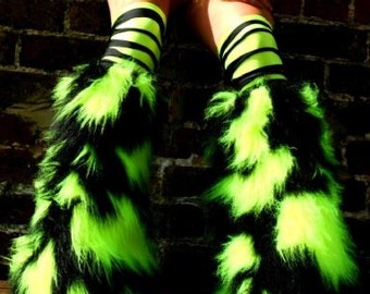 Neon Camo fluffies leg warmers faux fur long pile fluffy boots plur rave clubwear