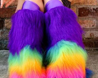 Fluffy furry leg warmers neon plain faux fur lots of colours rave punk goth cozy plur fluffies rave gogo two tone