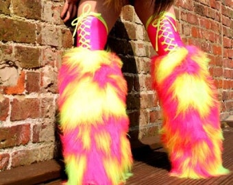 Fluffy furry legwarmers boots gators neon plain faux fur lots of colours rave punk goth cozy plur hussiz laced