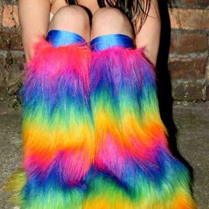 Bright Neon stripe fluffies leg warmers faux fur long pile fluffy boots plur rave clubwear goth punk rave cyber