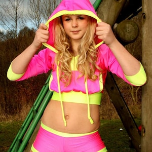 Funki-B childrens dance wear street storm hip hop hoody shorts neon uv unique colourful crop top and hotpants custom made designer bright