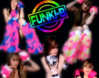 Fluffy furry leg warmers and cuff set neon camo faux fur lots of colours rave punk goth cozy plur fluffies rave gogo