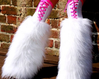 Fluffy furry legwarmers boots gators neon plain faux fur lots of colours rave punk goth cozy plur hussiz laced