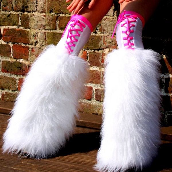 Fluffy furry legwarmers boots gators neon plain faux fur lots of colours rave punk goth cozy plur hussiz laced