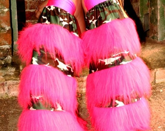 Neon furry funky fluffies leg warmers faux fur long pile fluffy boots plur rave clubwear gators