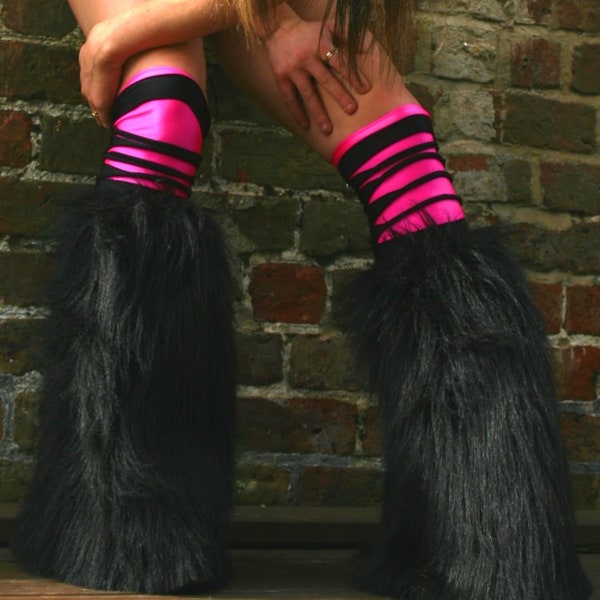 Fluffy furry legwarmers boots gators neon plain faux fur lots of colours rave punk goth cozy plur hussiz slashed