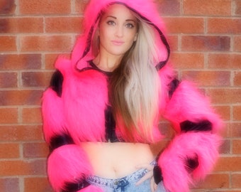 Funki-B faux fur fluffy cozy jacket hoody zip up crop top coat wetlook lycra print animal rave cyber dress up costume lot of colours