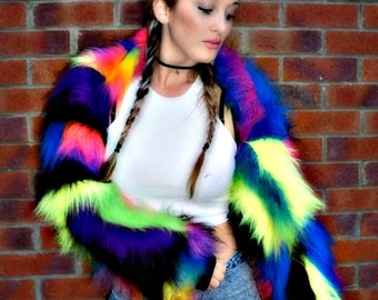 Funki-B patchwork rainbow neon UV wacky trendy colourful faux fur fluffy camo bright neon long pile fur jacket top rave clubwear fancydress