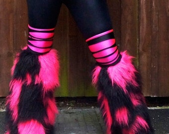 Bright Neon Camo patchwork fluffies leg warmers faux fur long pile fluffy boots plur rave clubwear goth punk rave laced cyber