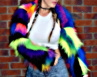 Funki-B LINED patchwork rainbow neon UV trendy colourful faux fur fluffy camo bright neon long pile fur jacket top rave clubwear fancydress