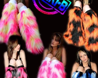 May include: Six pairs of colorful faux fur leg warmers. The leg warmers are in various colors, including pink, white, black, blue, and orange. The leg warmers are shown on six different models. The image includes the text "FUNKI-B!"