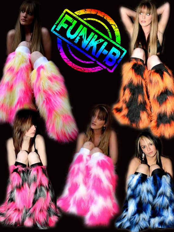 Bright Neon Camo fluffies leg warmers faux fur long pile fluffy boots plur rave clubwear goth punk rave cyber