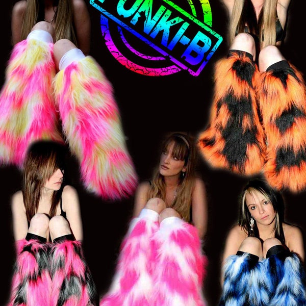 Bright Neon Camo fluffies leg warmers faux fur long pile fluffy boots plur rave clubwear goth punk rave cyber