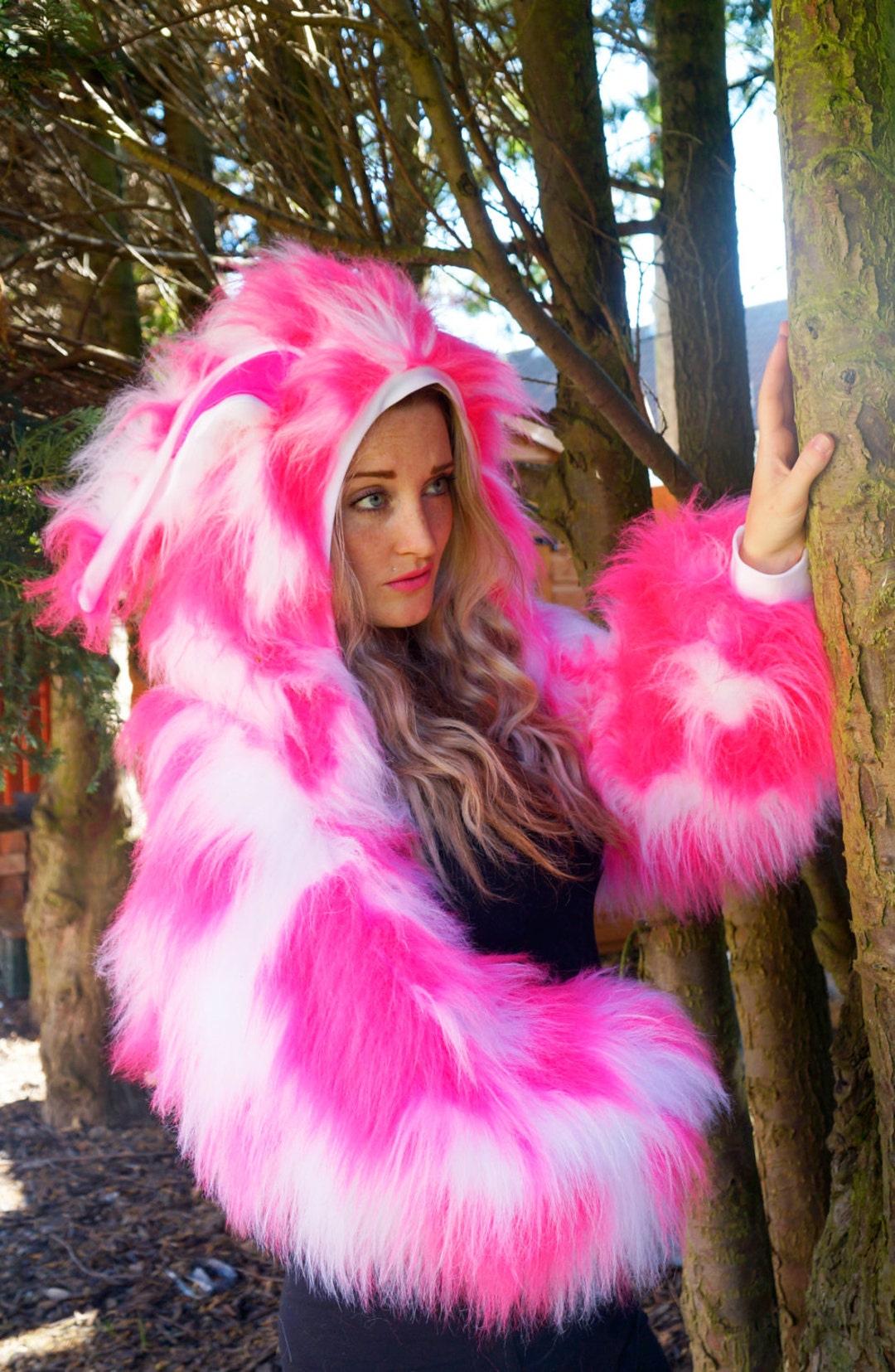 Funki-b Faux Fur Fluffy Camo Bright Neon Long Pile Fur Jacket Top