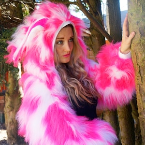 Funki-B faux fur fluffy camo bright neon long pile fur jacket top rave clubwear fancydress rabbit animal coat plur