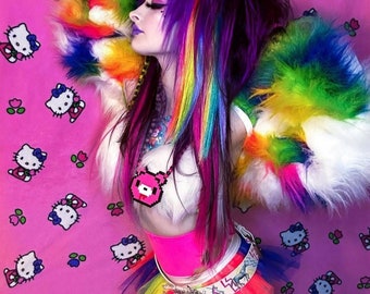 Funki-B patchwork rainbow neon UV wacky trendy colourful faux fur fluffy camo bright neon long pile fur jacket top rave clubwear fancydress