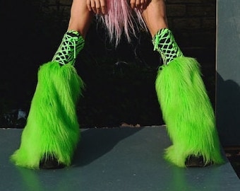 Fluffy furry legwarmers boots gators neon plain faux fur lots of colours rave punk goth cozy plur hussiz laced